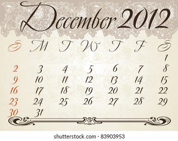 Vertical calendar 2012 year December
