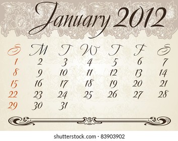 Vertical calendar 2012 year January