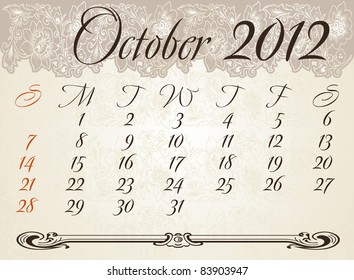 Vertical calendar 2012 year October