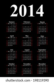 Vertical calendar for 2014 on black background. Vector EPS10.