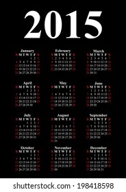 Vertical calendar for 2015 on black background. Vector EPS10.