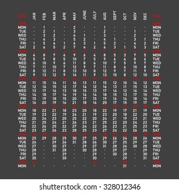 Vertical calendar 2016. Week starts Sunday.