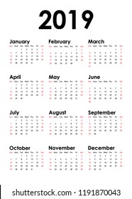 Vertical Calendar for 2019 Year isolated white background. Week starts Sunday. Vector design template.