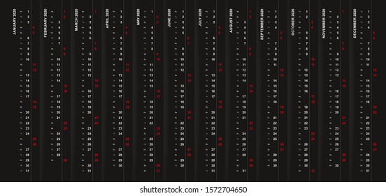 Vertical calendar 2020 on black background, Saturday and Sunday selected in different row. Vector template.