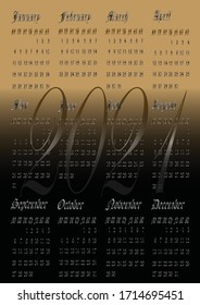 Vertical Calendar 2021 in the Gothic style, vector.