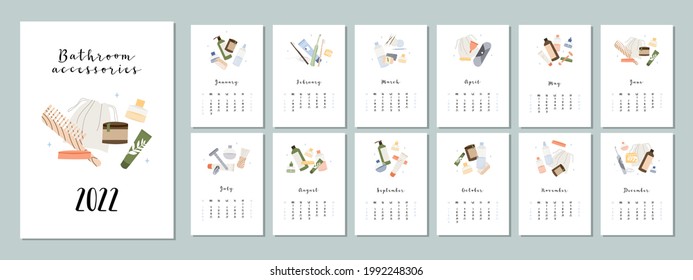 Vertical calendar 2022, 12 months. Week start from Sunday. Event planner, organizer, schedule page design, weekly timetable. Bathroom accessories, bath item, toiletry. Vector flat cartoon illustration