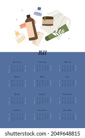 Vertical calendar 2022, 12 months. Week start from Sunday. Event planner, organizer, schedule page design, weekly timetable. Bathroom accessories, bath item, toiletry. Vector flat cartoon illustration