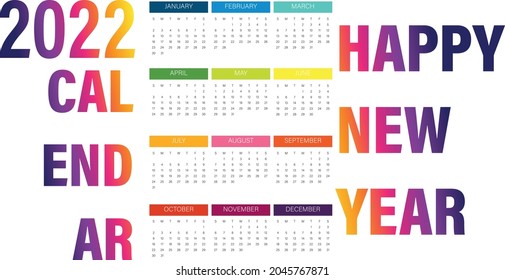 Vertical Calendar 2022. Colorful rainbow months. Gradient 2022 happy new year heading. Planners and calendars template in modern style, vector. Short form month (one letter). Start on Sunday