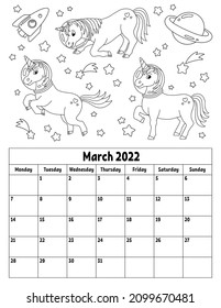 Calendario vertical para 2022 con un personaje bonito. Página de colorear para niños. La semana comienza el lunes. Ilustración vectorial aislada. Estilo de caricatura.