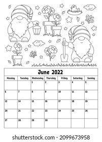 Vertical calendar for 2022 with a cute character. Coloring page for kids. Week starts on Monday. Isolated vector illustration. Cartoon style.