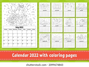 Vertical calendar for 2022 with a cute character. Coloring page for kids. Set of 12 months. Isolated vector illustration. Cartoon style. Week starts on Monday.