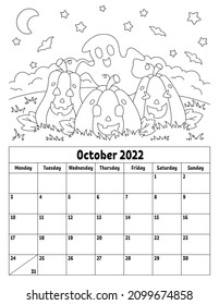 Vertical calendar for 2022 with a cute character. Coloring page for kids. Week starts on Monday. Isolated vector illustration. Cartoon style.
