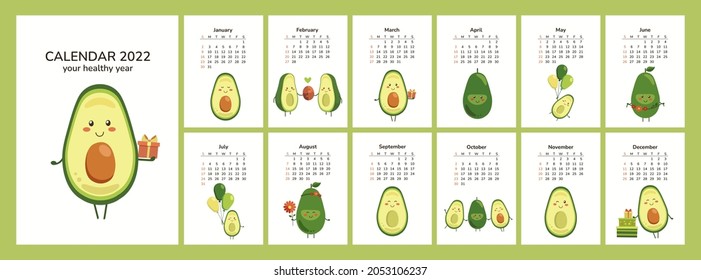 Vertical calendar 2022. Cute kawaii avocado. Wall table corporate planner vector template. Pages and cover. Healthy food fruits diet weight loss. Children kids celebration. Week starts on Sunday