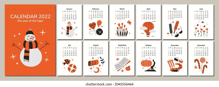 Vertical calendar 2022. Happy New Year 2022. Merry Christmas. Tiger year. 12 monthly pages and cover. Vector illustrations. Weather and Seasons. Feelings and emotions. Week starts on Sunday