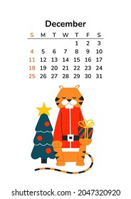Vertical calendar 2022 with tigers. December page. A4 pages. Tiger in cartoon style. Happy New Year 2022. Chinese horoscope. Vector isolated illustration. Christmas tree. Santa Claus. Winter holidays