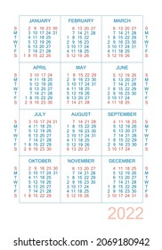 Vertical calendar for 2022 year. Simple calendar grid isolated on a white background, Sunday to Monday, business template. Yearly calendar ready for print. Vector illustration.
