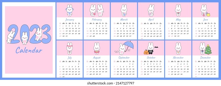 Calendario vertical 2023 con lindos conejos kawaii. Coberturas y páginas de 12 meses de duración símbolo de mascota de conejito año. La semana comienza el domingo. Para las dimensiones A4, A5, A3.