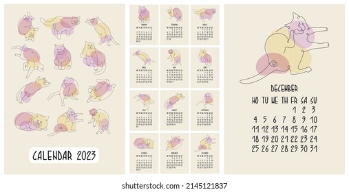 Vertical calendar 2023 with funny cats. Adorable cat - symbol Chinese zodiac calendar. Week starts from Monday. Set of 12 pages and cover in size A3. Trendy Line art in vector illustration.