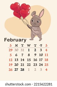 Vertical calendar 2023. Month of February. The hare is holding a bunch of balloons in the shape of a heart. A4 format. Vector.