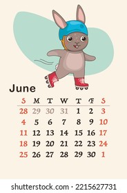 Vertical calendar 2023. Month of June. A hare in a helmet is rollerblading. A4 format. Vector.