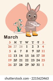 Vertical calendar 2023. Month of March. A hare in rubber boots holds a paper boat near the snowdrops. A4 format. Vector.