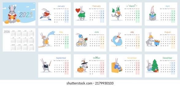 Vertical calendar for 2023 with rabbit character. 12 months, cover and last page with calendar for 2024. The beginning of the week from Monday, Saturday and Sunday are highlighted. Flat vector, eps10