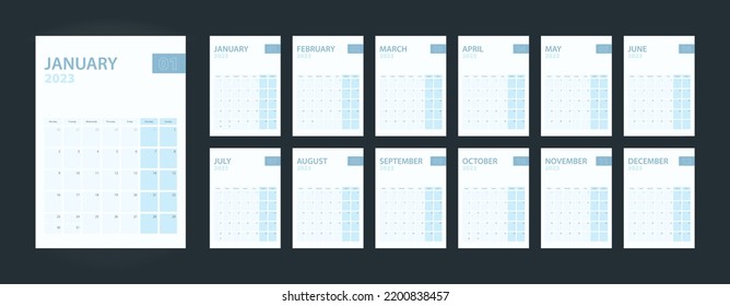 Vertikaler Kalender 2023, bestehend aus 12 Seiten des Kalenderjahres 2023. Vektorplaner.