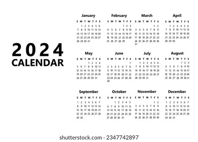 Vertical calendar for 2024 in black and white. Minimal style new year