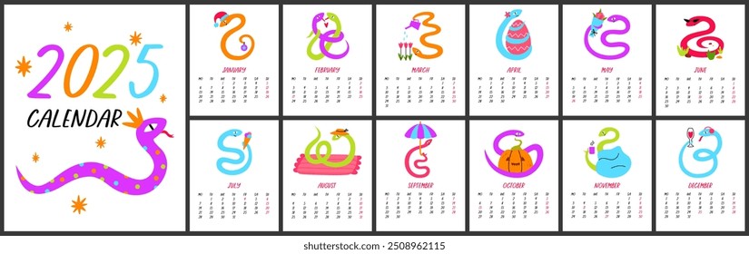 Vertical calendar 2025. 12 months with 12 cartoon snakes characters. For size A4, A5, A3. Vector flat cartoon template.