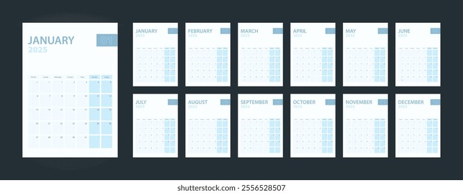 Vertical calendar 2025, set of 12 pages of calendar 2025. Vector planner.