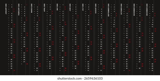 Calendario de Vertical 2026 sobre fondo negro, sábado y domingo seleccionados en diferentes filas. Plantilla de Vector.