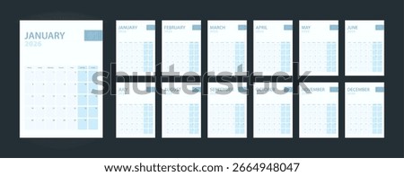 Vertical calendar 2026, set of 12 pages of calendar 2026. Vector planner.