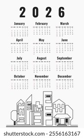 Vertical Calendar 2026 year. Week starts on Sunday. Minimalist gray template with building in one line style. Design for a construction company or other business
