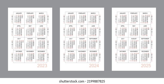 Calendario vertical para 3 años - 2023, 2024, 2025. Cuadrícula de calendario simple aislada en un fondo blanco, de domingo a lunes, plantilla de negocio. Calendario anual listo para imprimir. Ilustración vectorial.