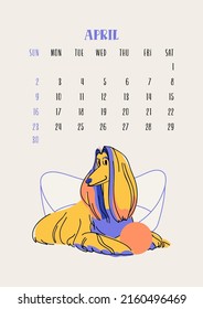 Calendario vertical para abril de 2023 con perro sabueso afgano. Aislado sobre un fondo beige. Ilustración vectorial de estilo plano. La semana empieza el domingo