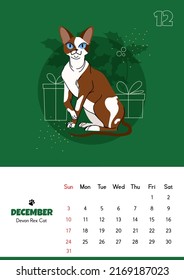 Vertical calendar for december 2023 with devon rex. Isolated on green background. Vector flat style illustration. Week starts on Sunday