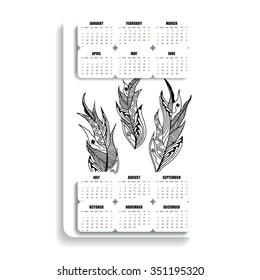 vertical  calendar  of feathers hand painted in the style of zentangle and Doodle