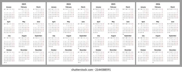 Vertical calendar grids for 2023-2026 in A4 format, week starts from Monday