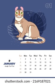 Vertical calendar for january 2023 with jungle curl cat. Isolated on dark blue background. Vector flat style illustration. Week starts on Sunday