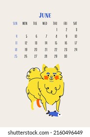 Vertical calendar for june 2023 with japanese spitz dog. Isolated on beige background. Vector flat style illustration. Week starts on Sunday