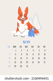 Vertical calendar for may 2023 with McNab dog. Isolated on beige background. Vector flat style illustration. Week starts on Sunday