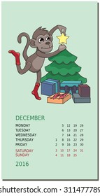 Vertical calendar with a monkey on December 2016