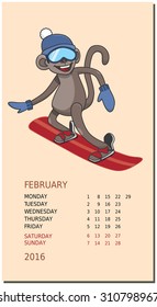 Vertical calendar with a monkey on February 2016