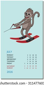 Vertical calendar with a monkey on July 2016