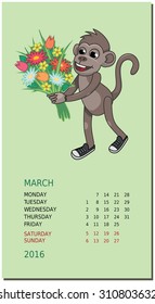 Vertical calendar with a monkey on March 2016