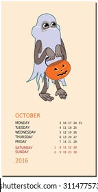 Vertical calendar with a monkey on October 2016