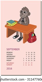 Vertical calendar with a monkey on September 2016