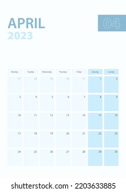 Vertical calendar page of April 2023, Week starts from Monday. Vector planner.
