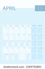 Vertical calendar page of April 2024, Week starts from Monday. Vector planner.