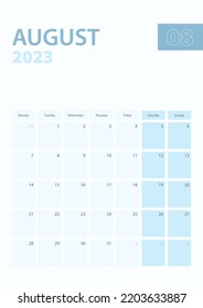 Vertical calendar page of August 2023, Week starts from Monday. Vector planner.
